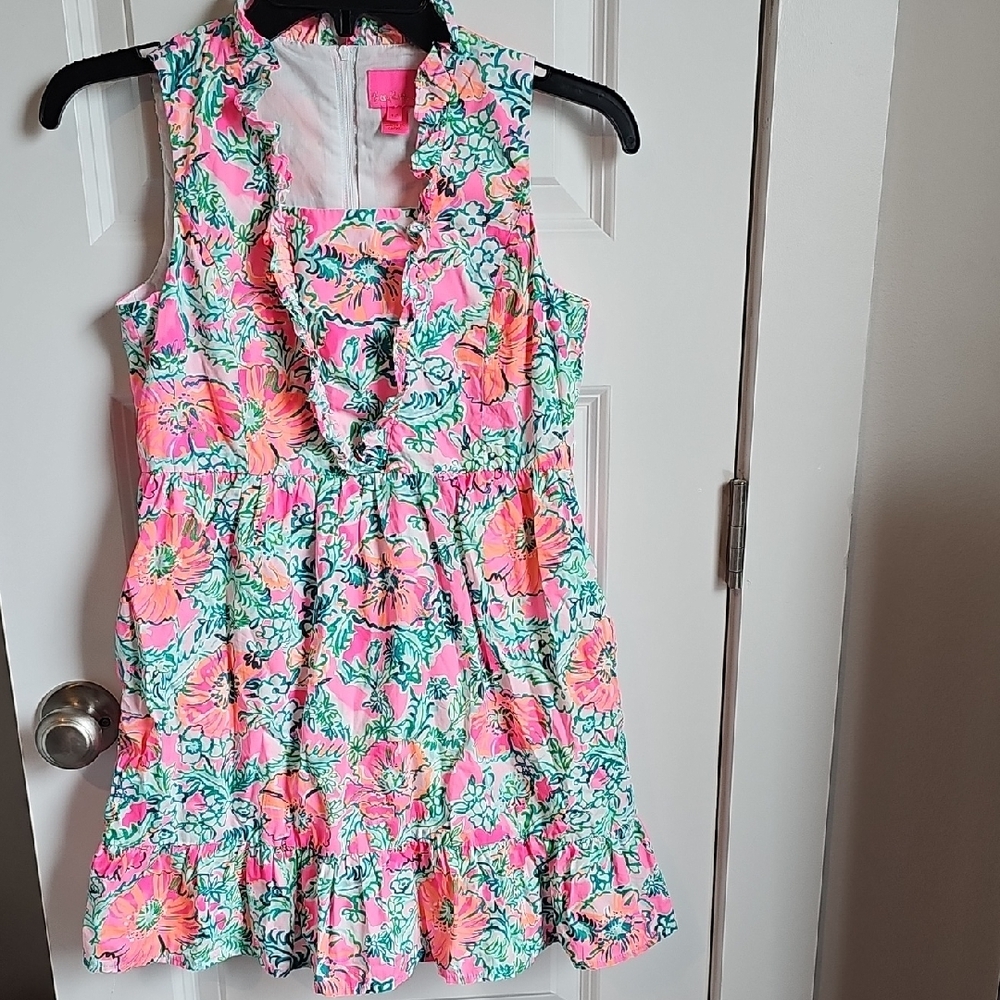 Lilly Pulitzer Mini Tersa Ruffled Soliel Pink Perfect Poppy Dress Kids 14 EUC